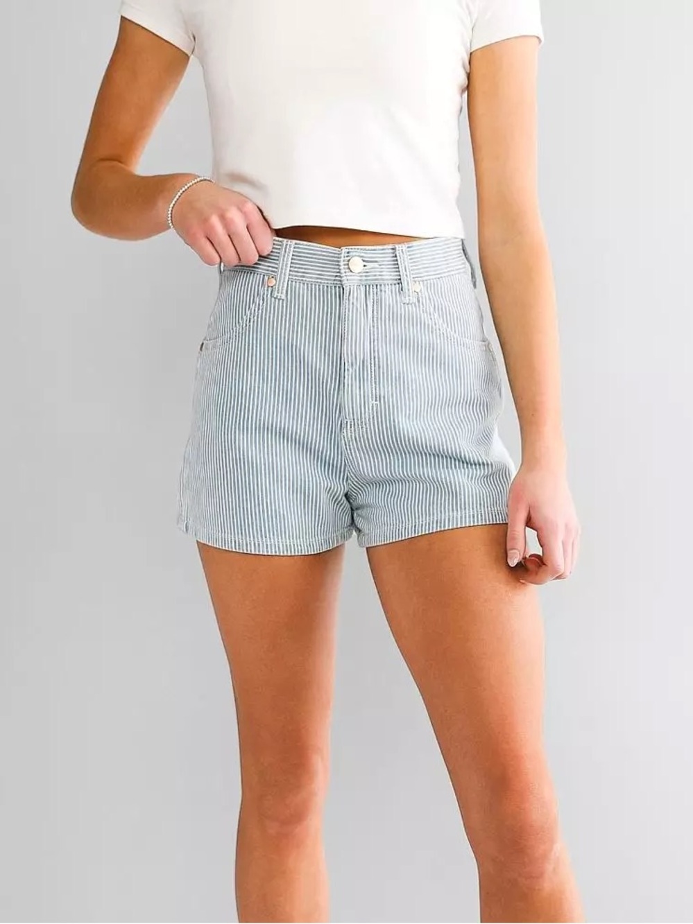 Wrangler Women’s Blue & White Striped Hick Horay Denim Carpenter Shorts Size 26 - Picture 2 of 11